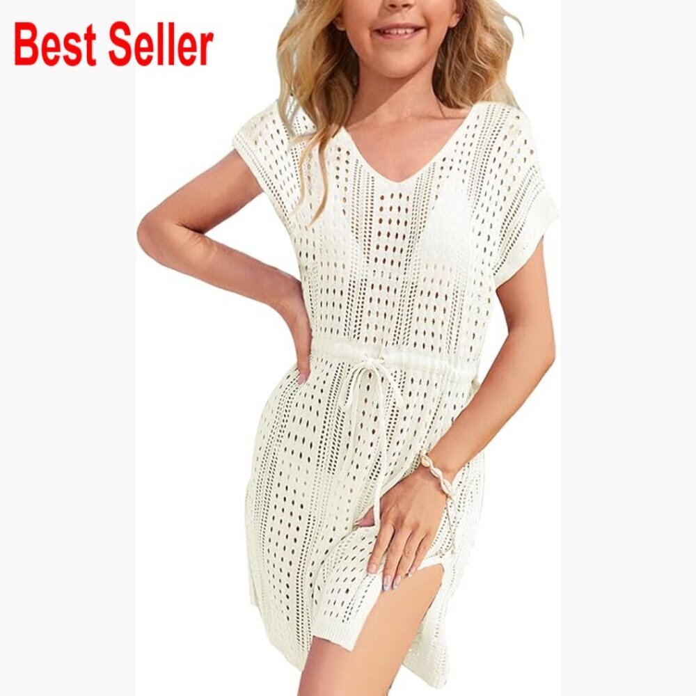 Crochet Swim Cover Up Dress 100% Acrylic V Neck Hollow Out Knitted